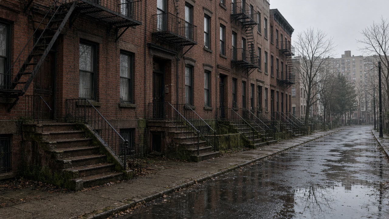 Wet Bronx street of brick multi-family buildings with moss at stoop bases