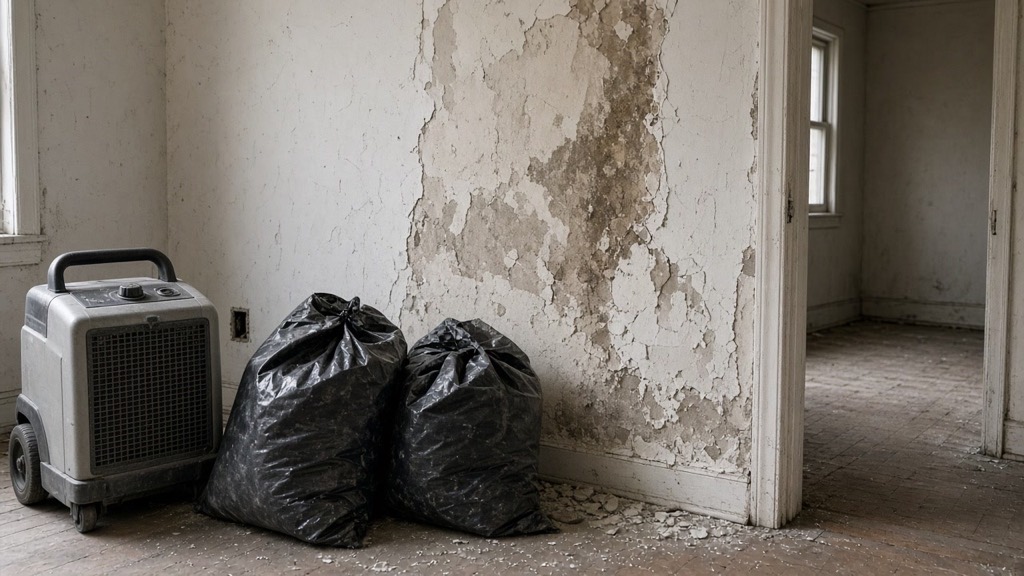Dehumidifier and two black debris bags beside a peeling, water-damaged plaster wall in an empty room
