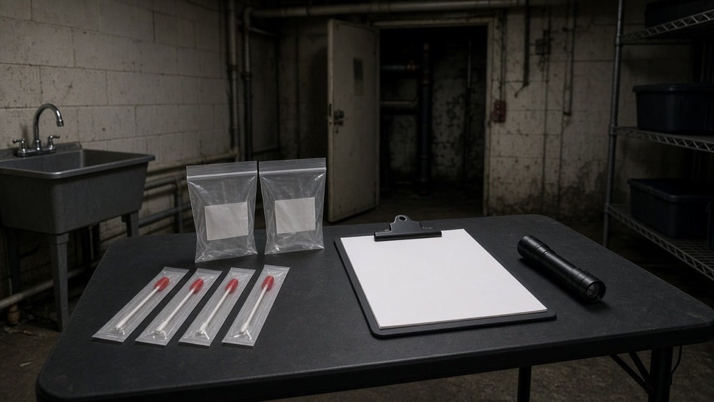 Basement table with sealed sample bags, swabs, a clipboard and a flashlight in front of a utility sink and a cinder-block wall