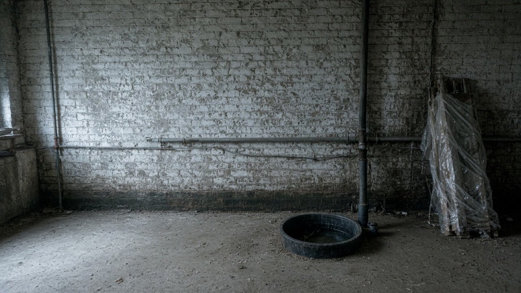 Painted brick basement wall with flaking paint and a drainpipe, a black tub and wrapped lumber on a dusty floor
