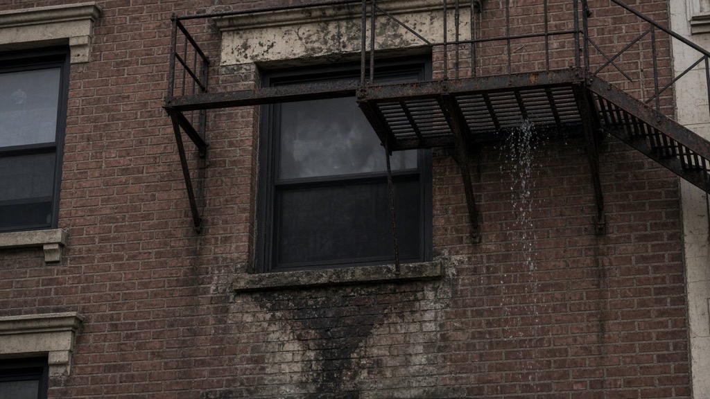 Rusty iron fire escape landing on a brick building with water dripping from the grating and dark staining on the brick below