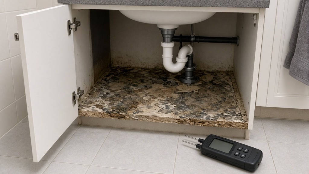 Open vanity under a bathroom sink with a swollen, stained base panel and a moisture meter on the tile floor