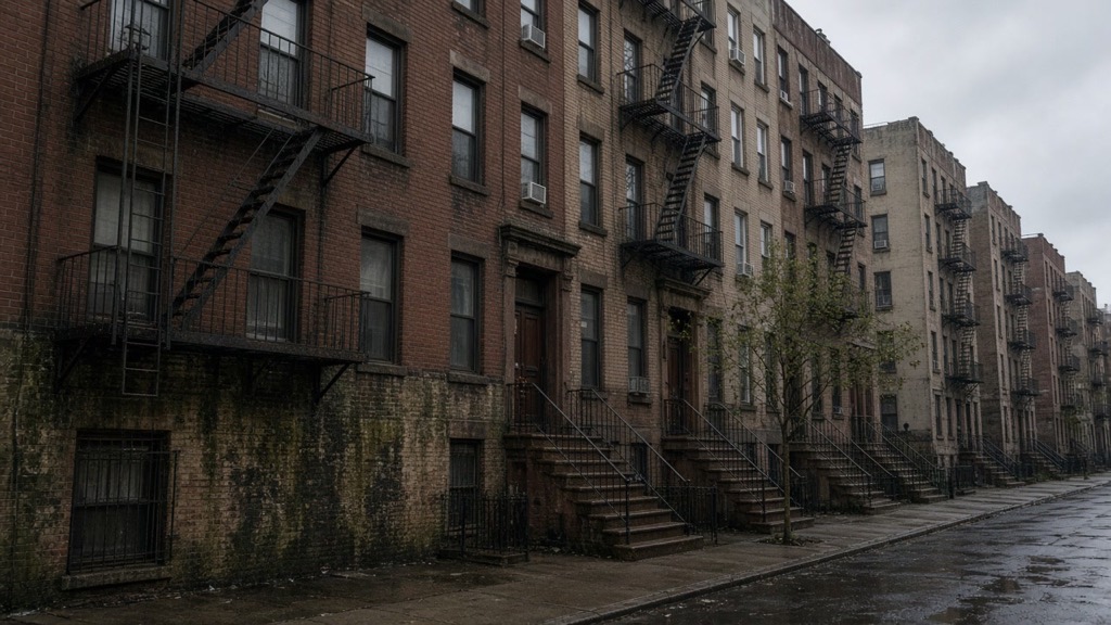 Brick walk-up apartment buildings with black iron fire escapes along a rain-wet New York street, green staining on the lower brick of the nearest building