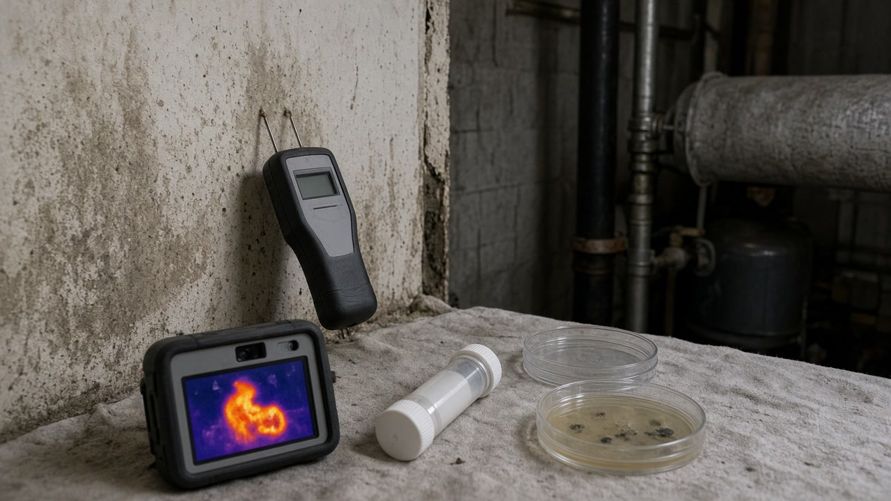 Thermal camera, pin moisture meter, specimen tube and cultured petri dishes by a stained basement wall