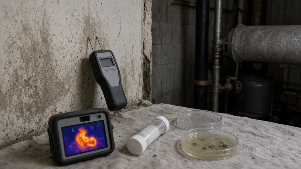 Moisture meter, thermal camera showing a warm patch, sample tube and petri dishes on a cloth in front of a stained concrete basement wall