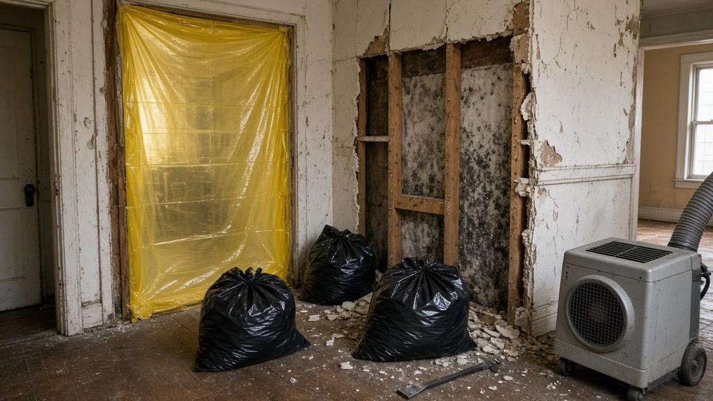 Opened wall with dark mold growth on the studs, yellow plastic sheeting over a doorway, debris bags and an air scrubber in an empty room