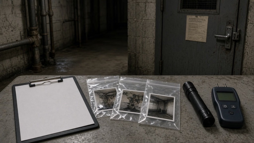 Basement hallway with a clipboard, three photo prints in sample bags, a flashlight and a moisture meter on a table in front of a steel door