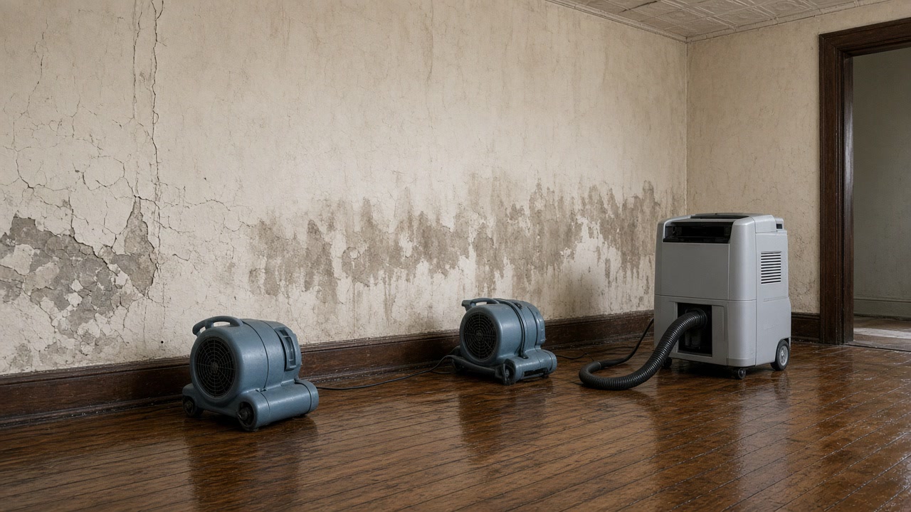 Blue air movers and industrial dehumidifier drying a room with peeling plaster and moisture banding